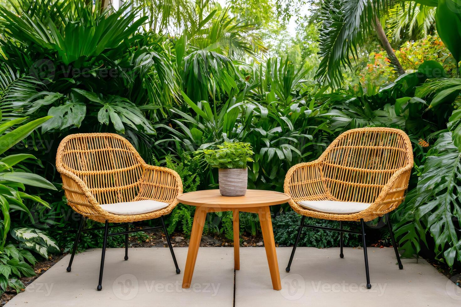 Cozy wicker chairs and small table inviting to relax in lush green tropical garden photo