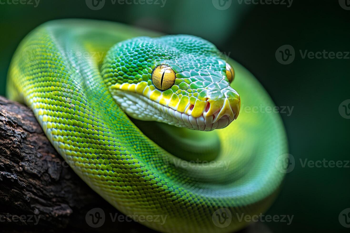 Green tree python resting on branch, showing its scales and eyes photo