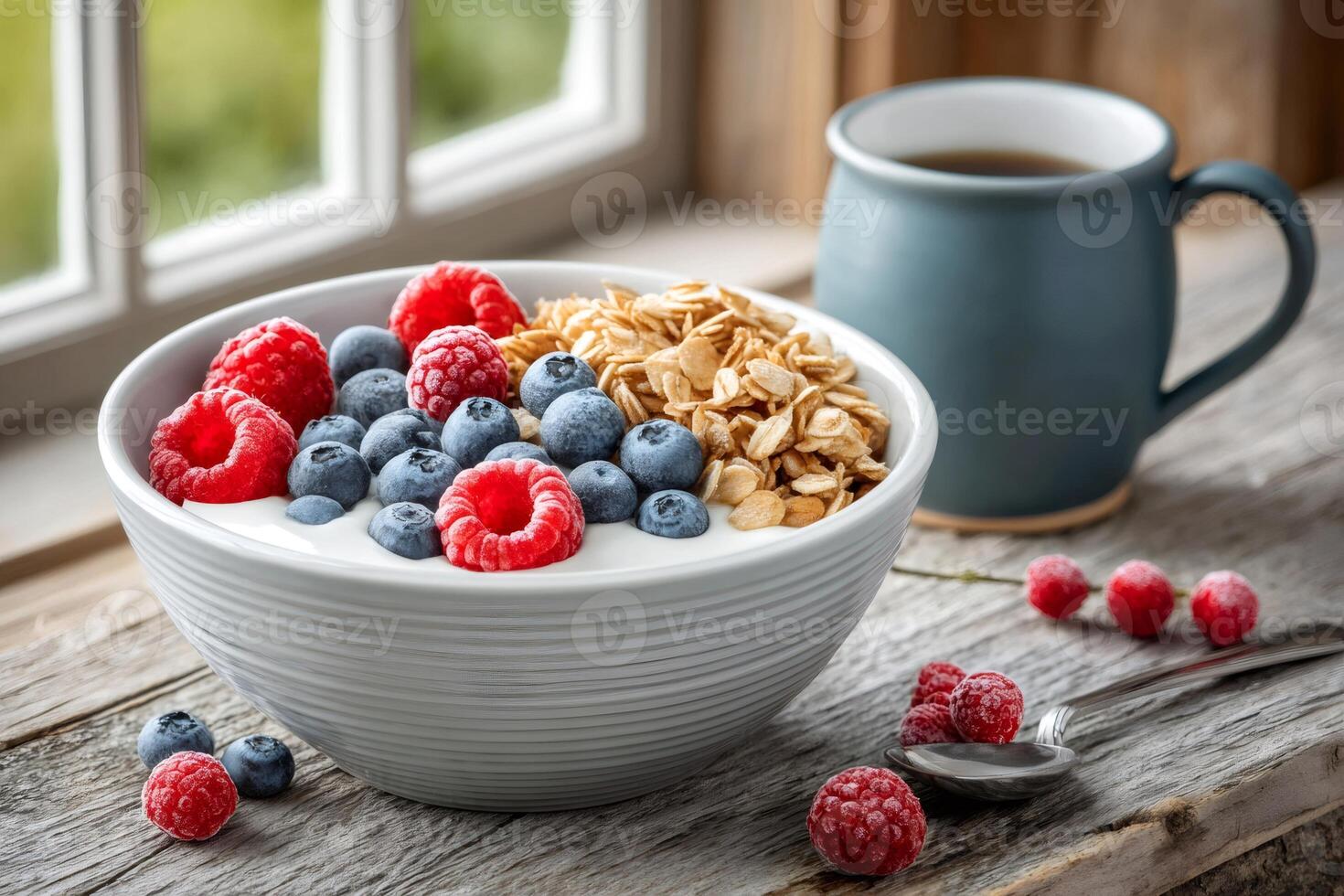 Bowl of yogurt with berries, granola and coffee by the window for a healthy breakfast photo