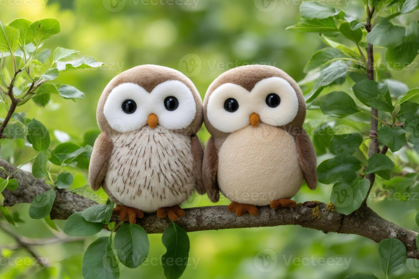 Two adorable plush owls perched on a tree branch. . photo