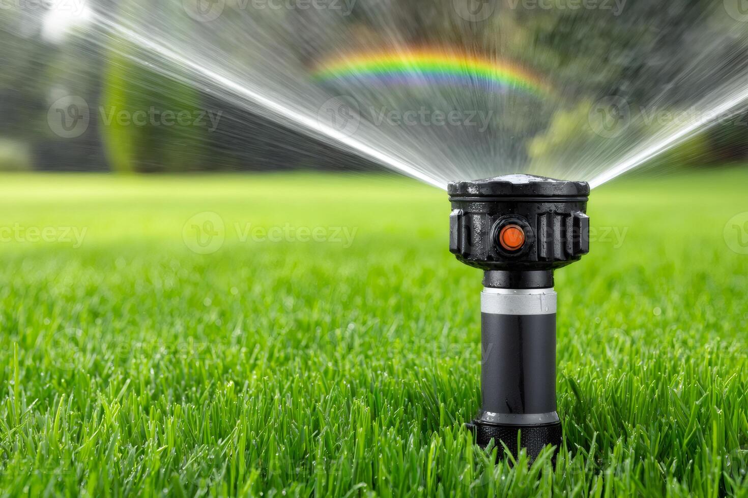 Automatic sprinkler watering green grass lawn with rainbow in background photo