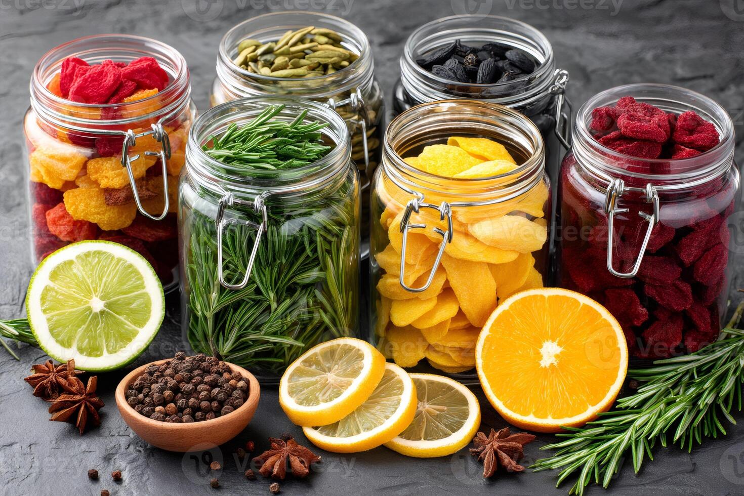 Dried fruits, herbs and spices preserved in glass jars for long term storage photo
