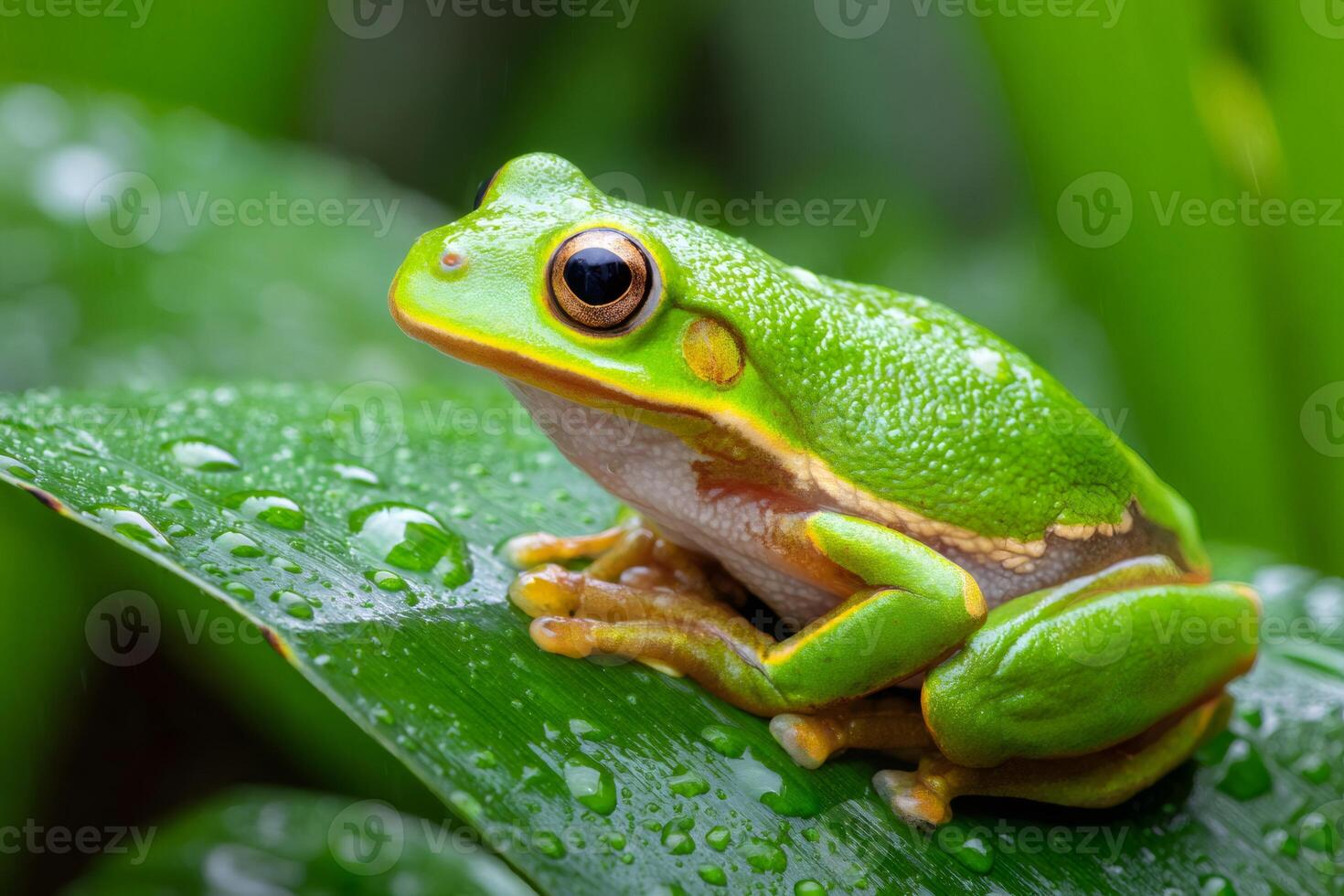 Green tree frog resting on a wet leaf in the rainforest photo