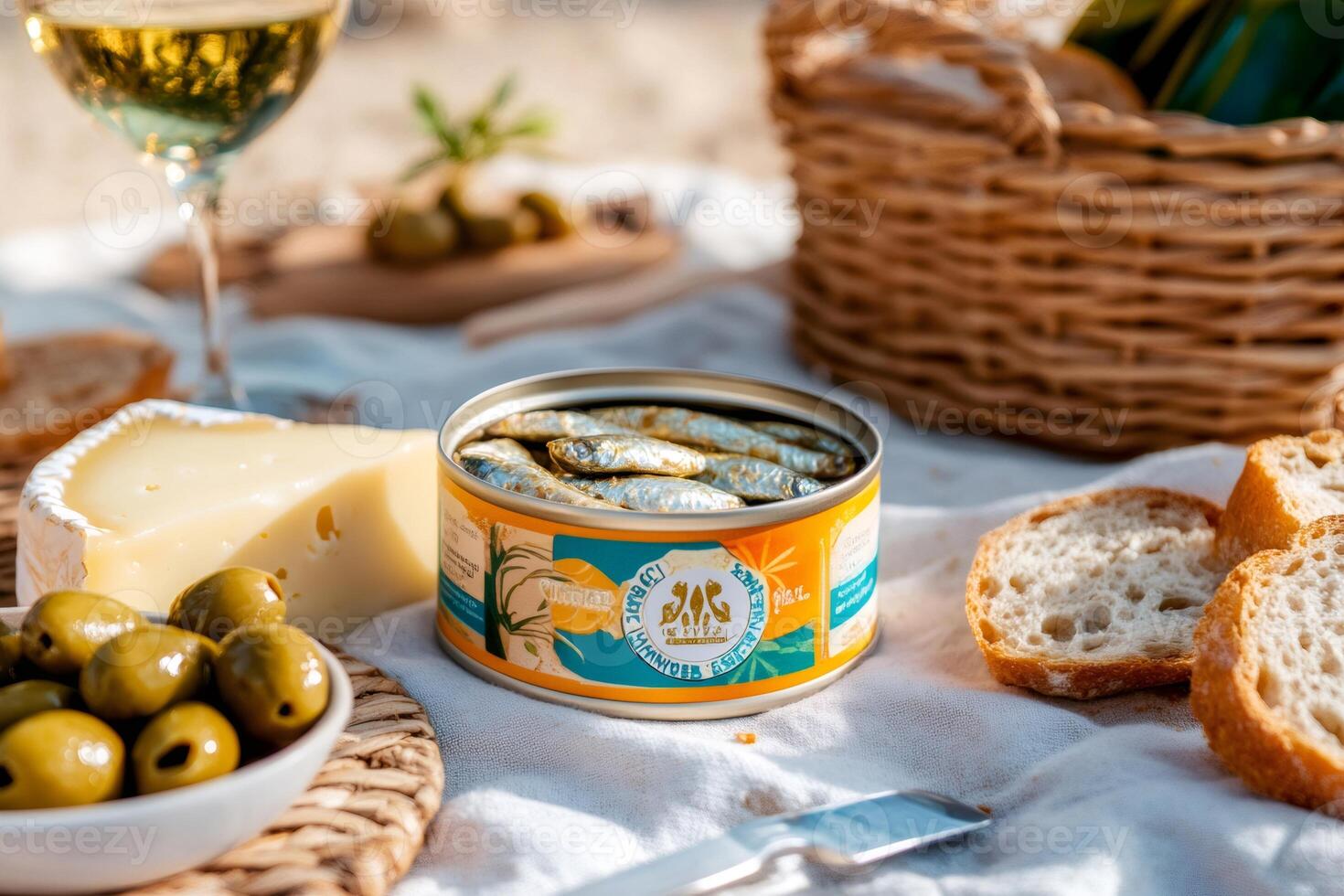 Enjoying canned fish, cheese, and olives during a sunny picnic photo