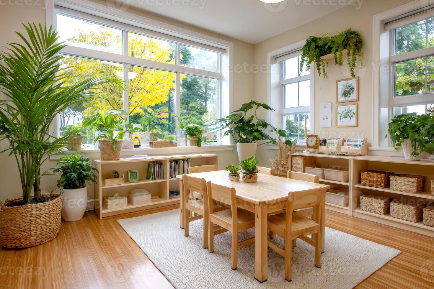 Empty kindergarten classroom decorated with plants promoting wellbeing and biophilic design photo
