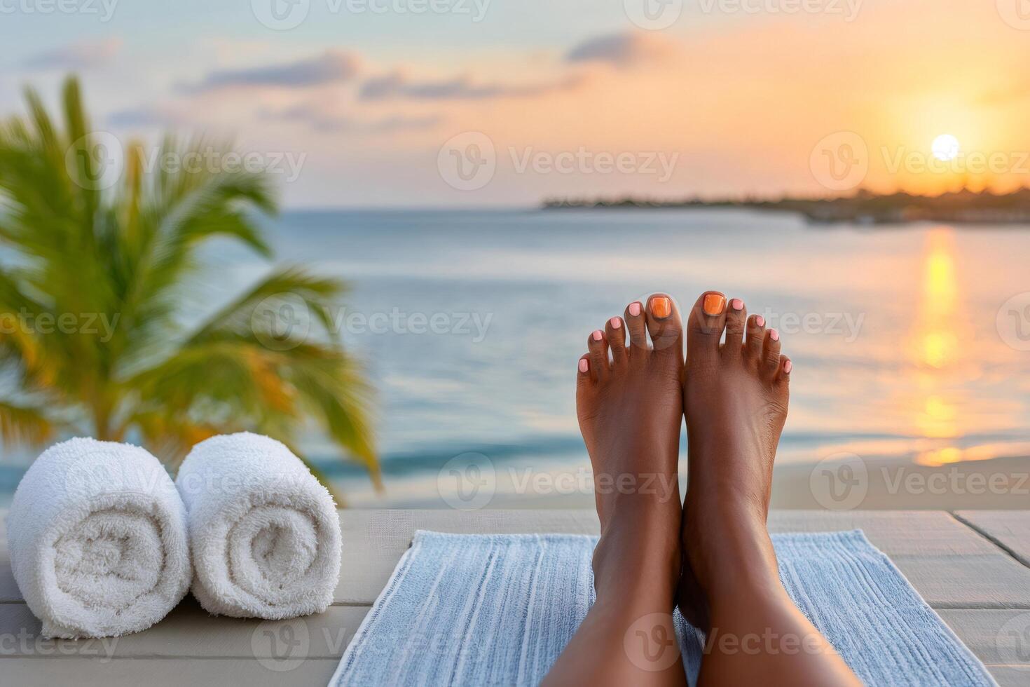 Woman relaxing with feet up enjoying sunset at luxury resort spa photo