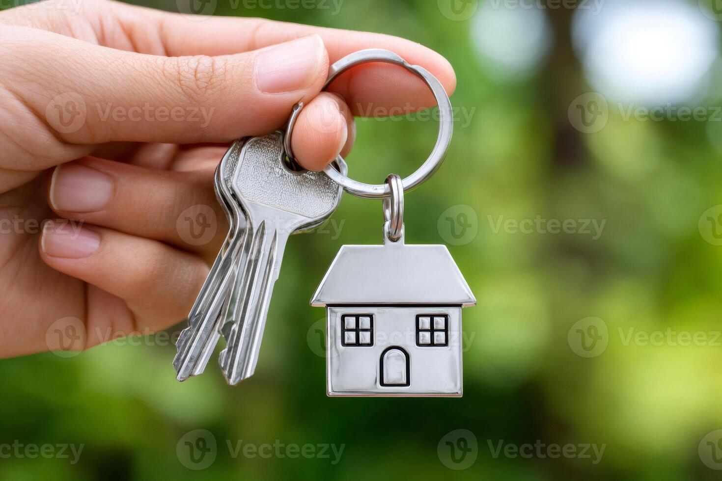 Hand holding house keys with house shaped keychain on blurred green background photo