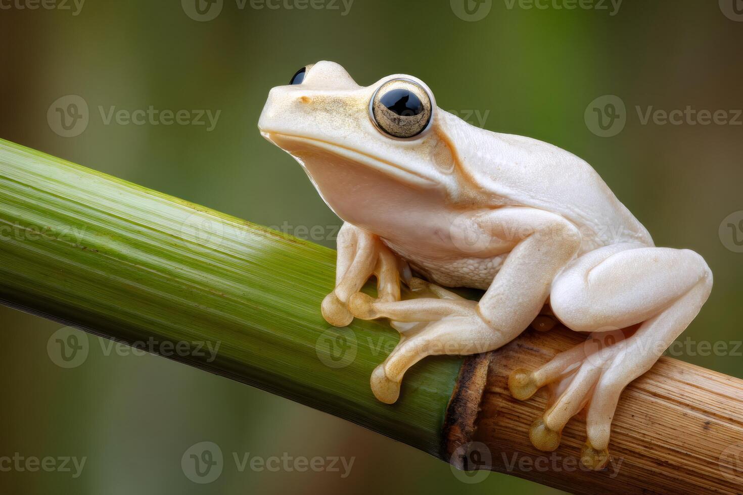 Dumpy frog resting on bamboo branch in natural habitat photo