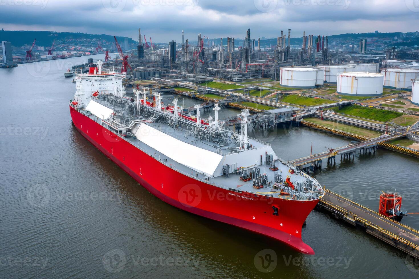 Red lng tanker docked at industrial port with refinery in background photo