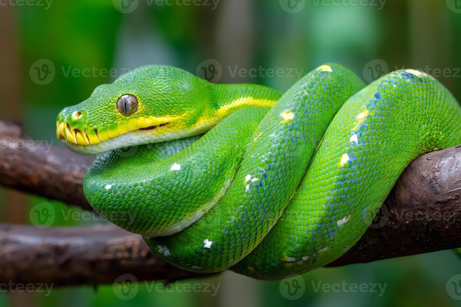 Green tree python resting on a branch in the jungle photo