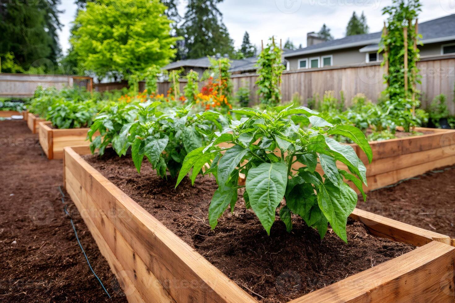 Growing peppers in raised garden beds during summer photo