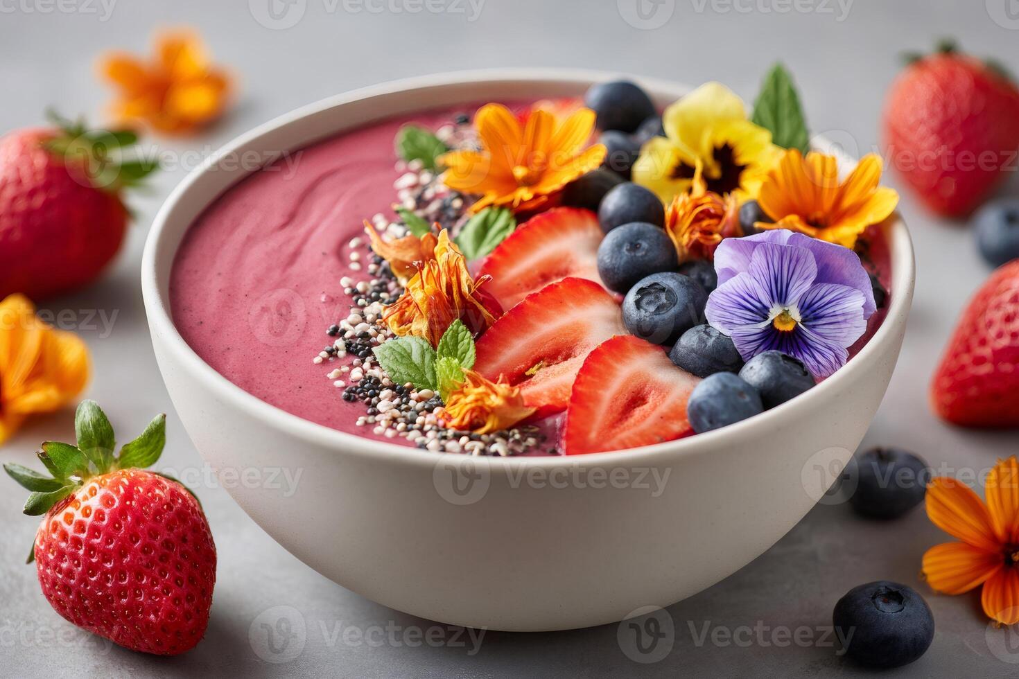 Smoothie bowl decorated with fresh strawberries, blueberries, and edible flowers photo