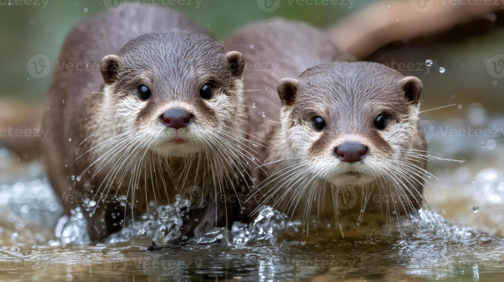 Two otters emerging from water with splashing drops photo