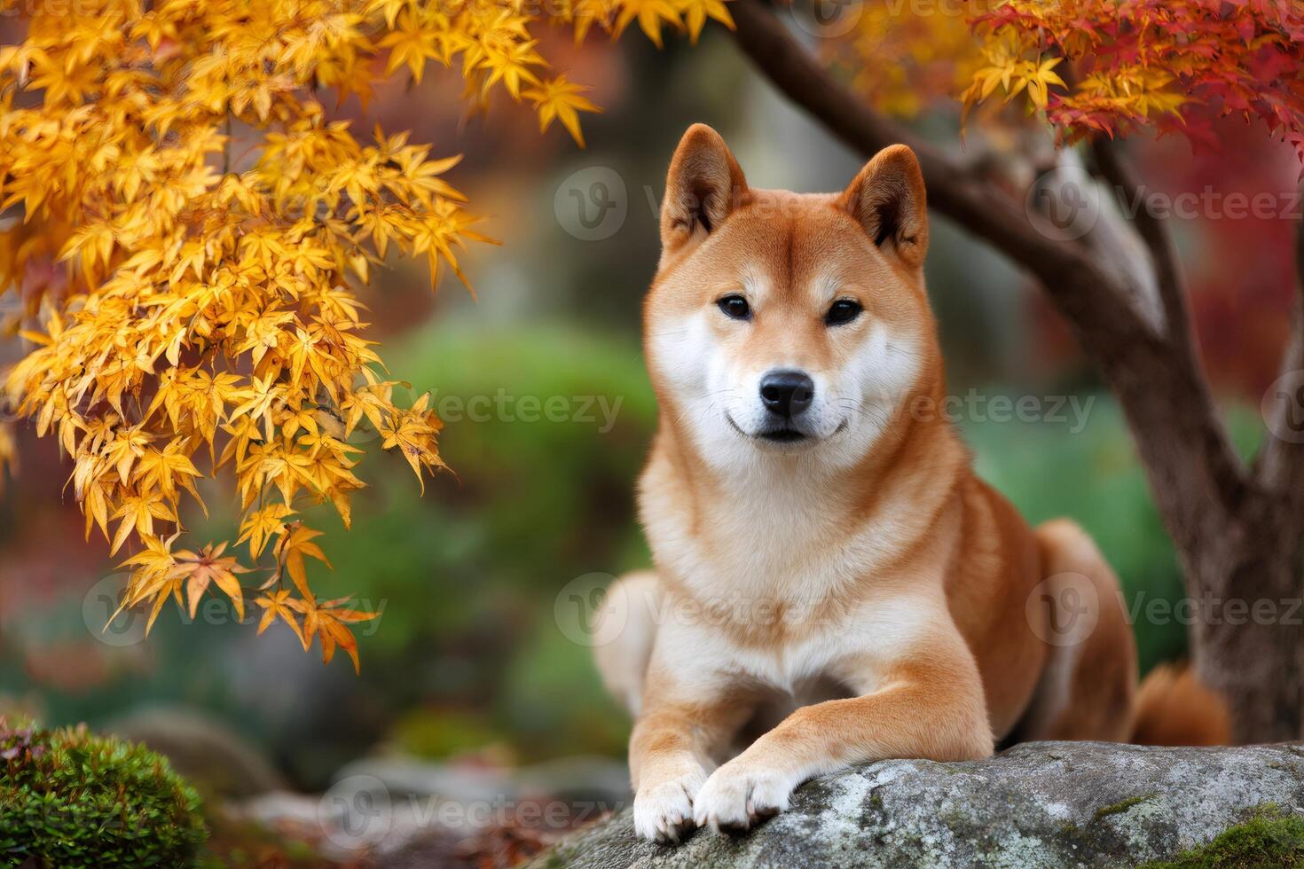 Shiba inu dog relaxing under golden autumn leaves photo