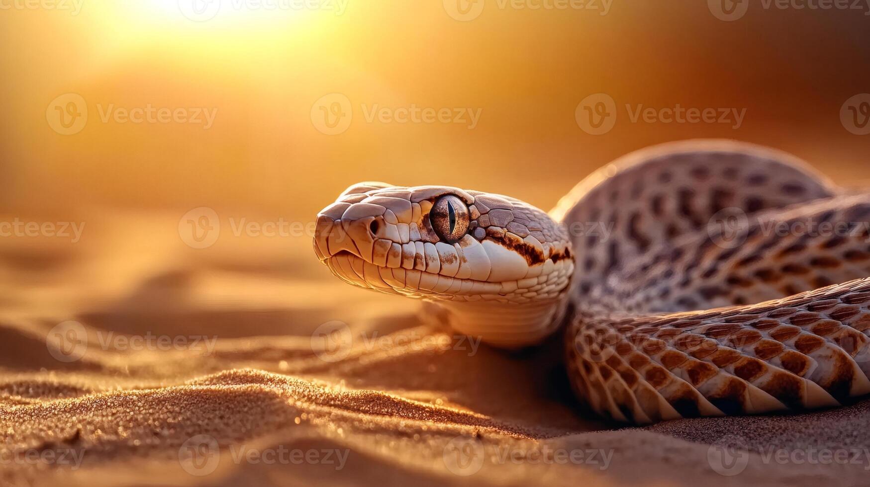 Snake slithering through desert sand at sunset photo
