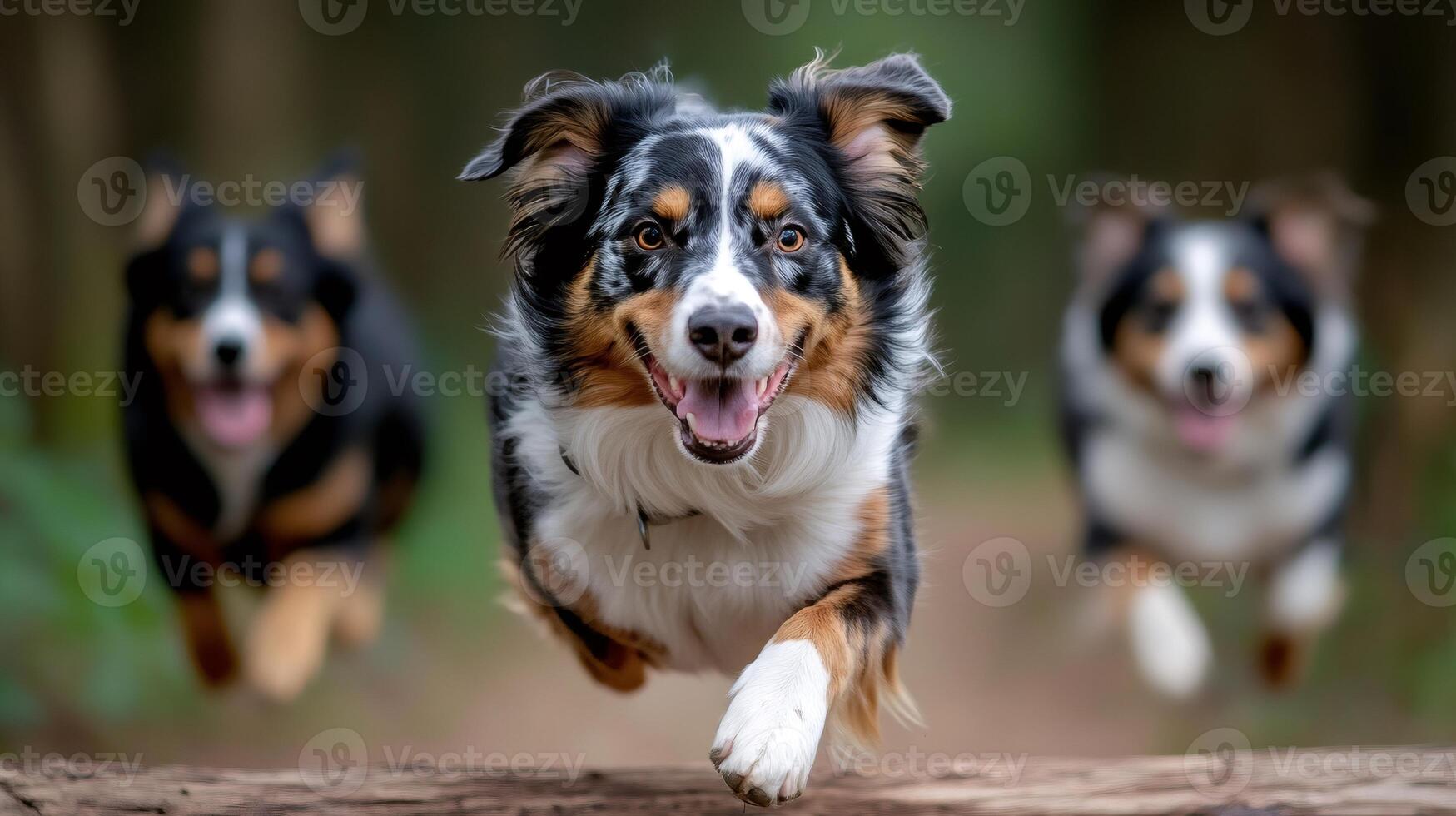 Three australian shepherd dogs running and jumping in the woods photo