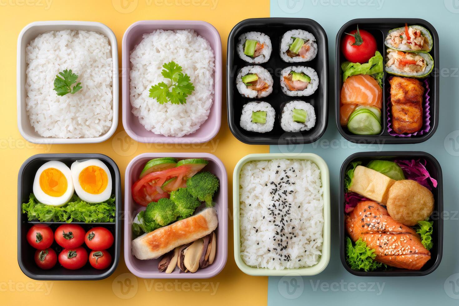 Colorful bento boxes filled with rice, sushi, vegetables, and grilled fish displaying variety of healthy meal options photo