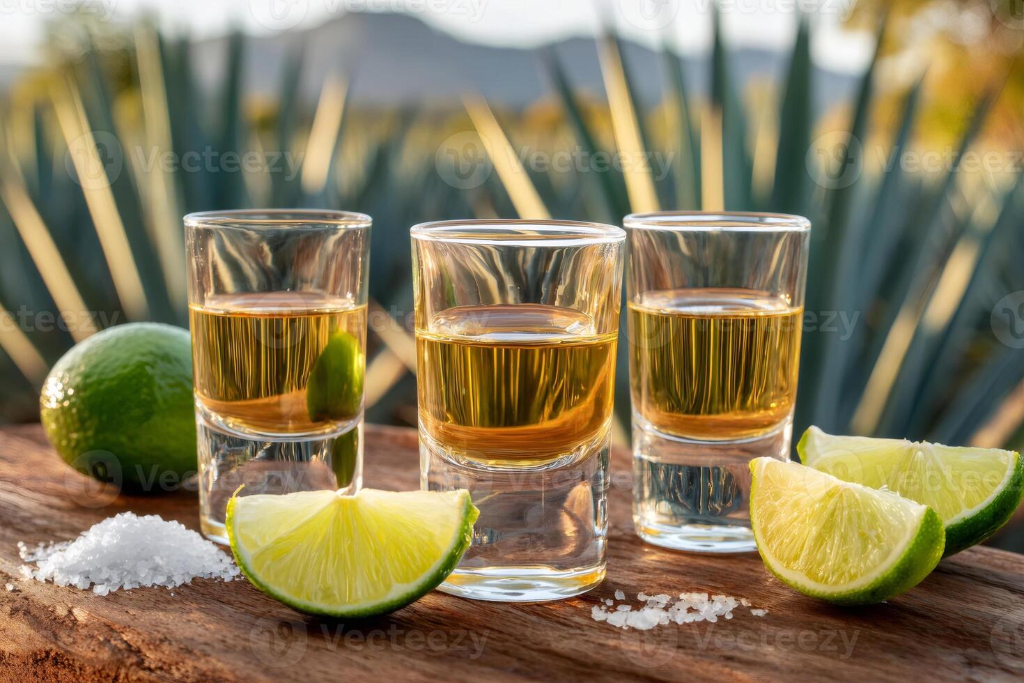 Golden tequila shots with lime and salt in front of agave field photo