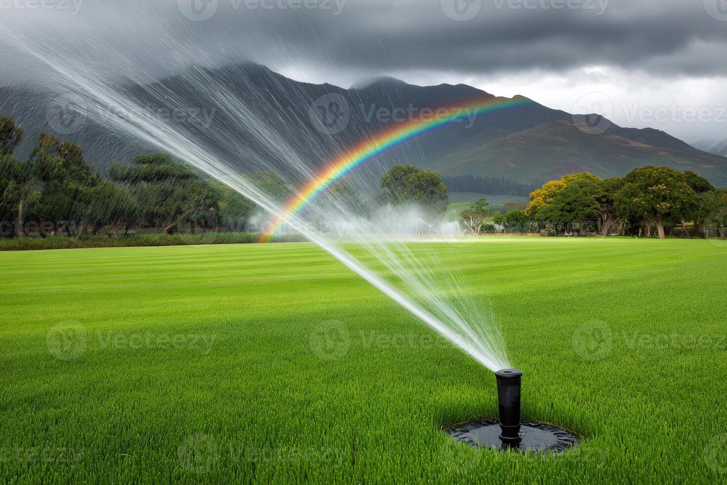 Irrigation system watering green field with rainbow in background photo