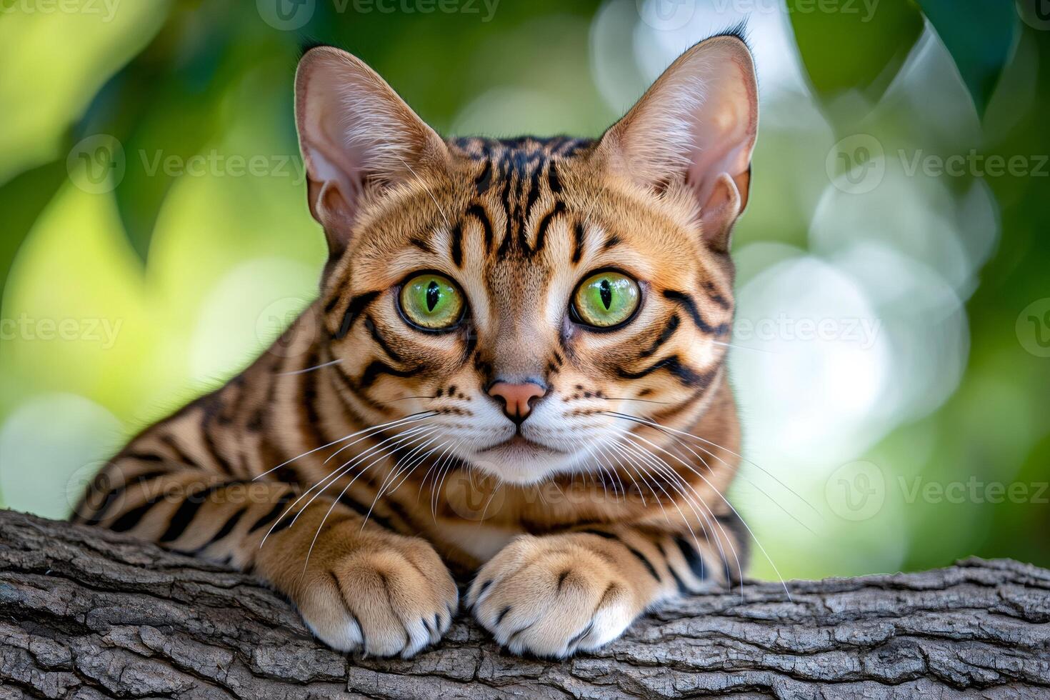 Bengal cat resting on a tree branch in nature photo