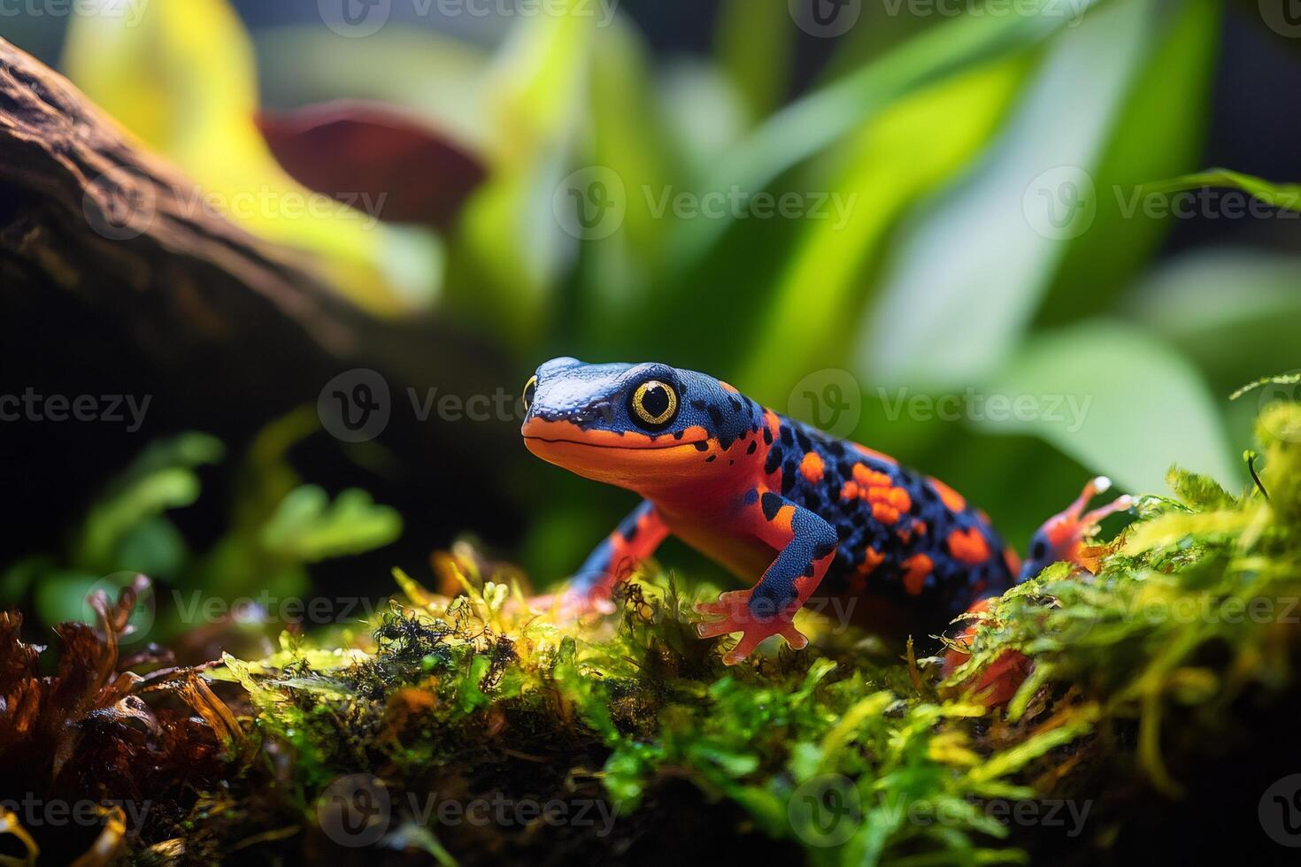 Colorful firebelly newt exploring lush vivarium habitat photo