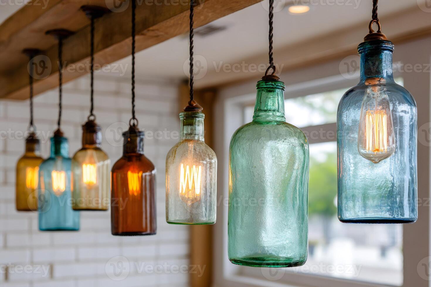 Decorative lighting fixtures hanging from wooden beam creating warm ambiance photo