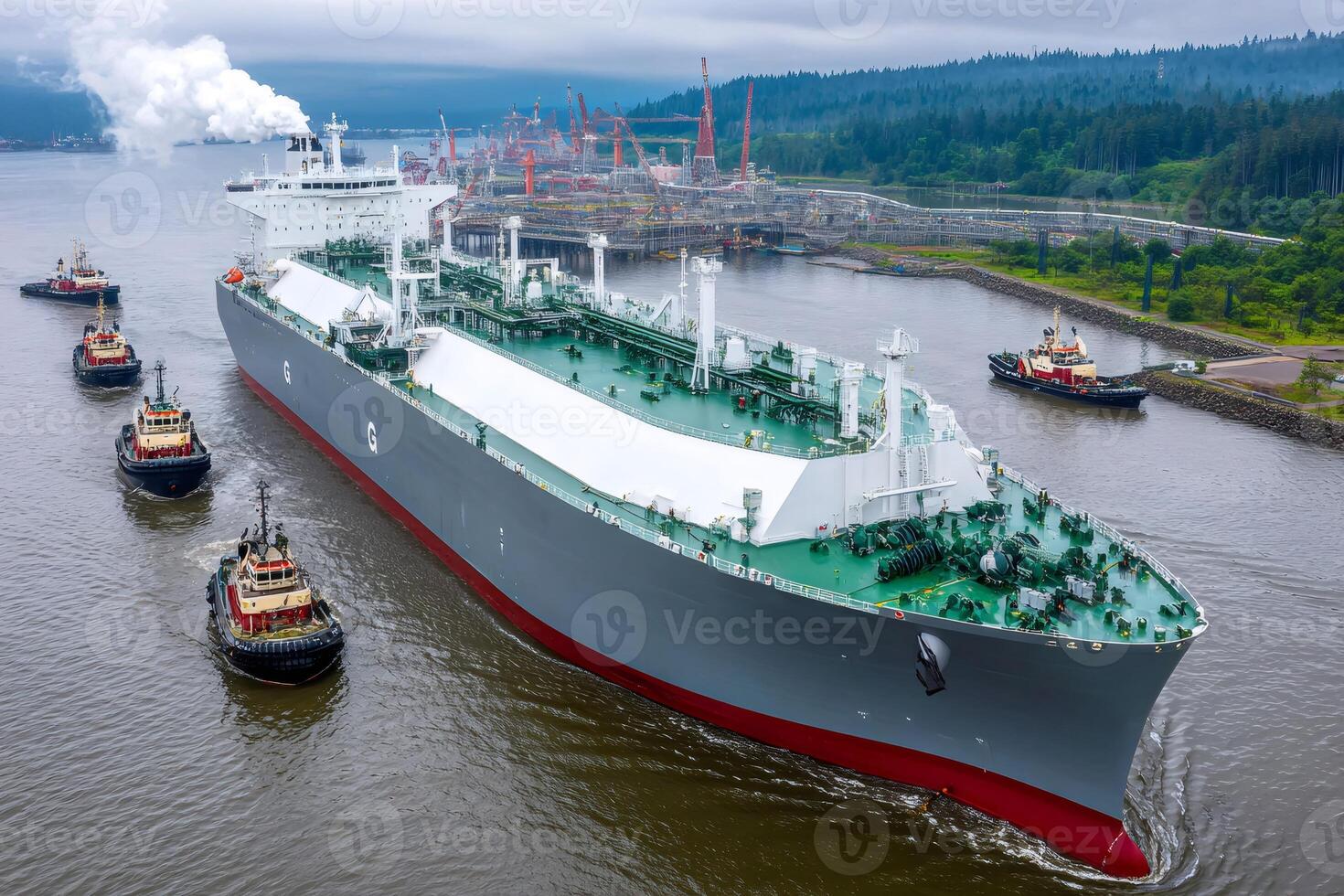 Lng tanker navigating waterway with tugboat assistance, industrial maritime scene photo