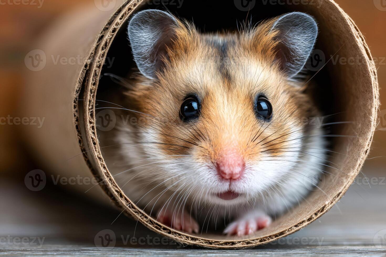 Syrian hamster exploring cardboard tube, close up portrait of curious rodent photo