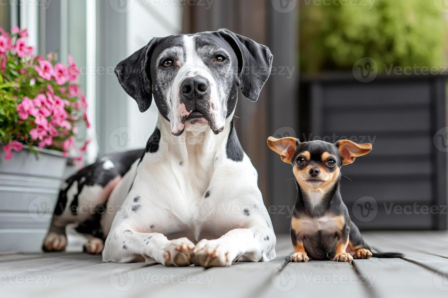 Big and small dogs lying on porch, contrasting sizes and personalities photo