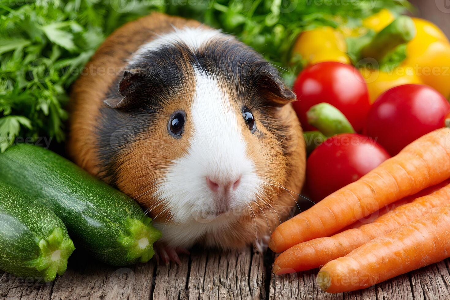 Guinea pig sitting near fresh vegetables on wooden table photo