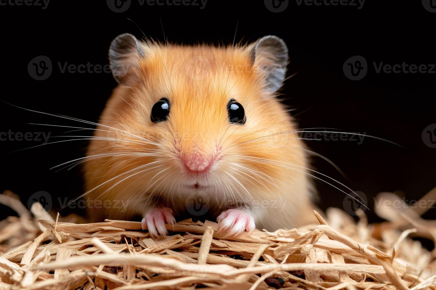 Cute hamster emerging from paper bedding on black background photo