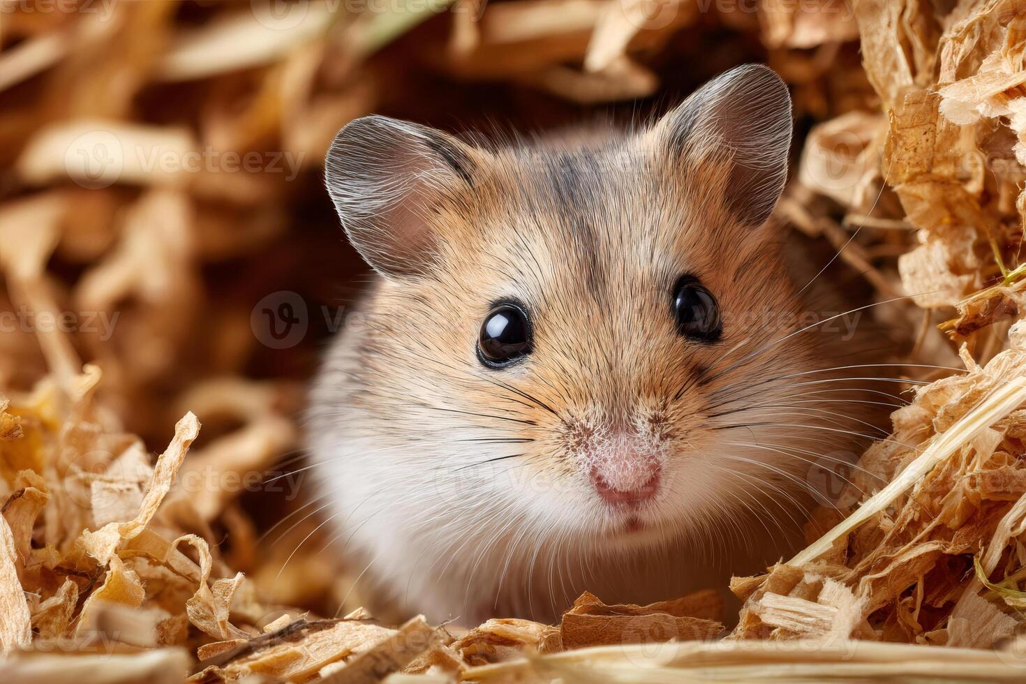 Roborovski hamster exploring wood shavings bedding, small desert hamster hiding in cage photo