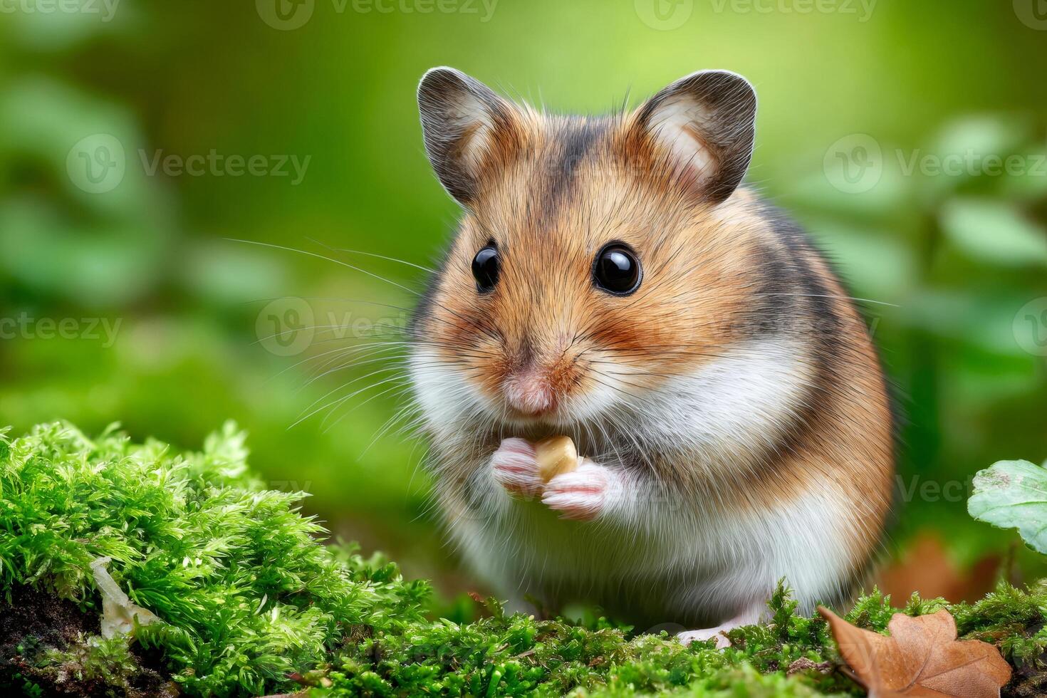 Common hamster eating on moss in natural environment photo