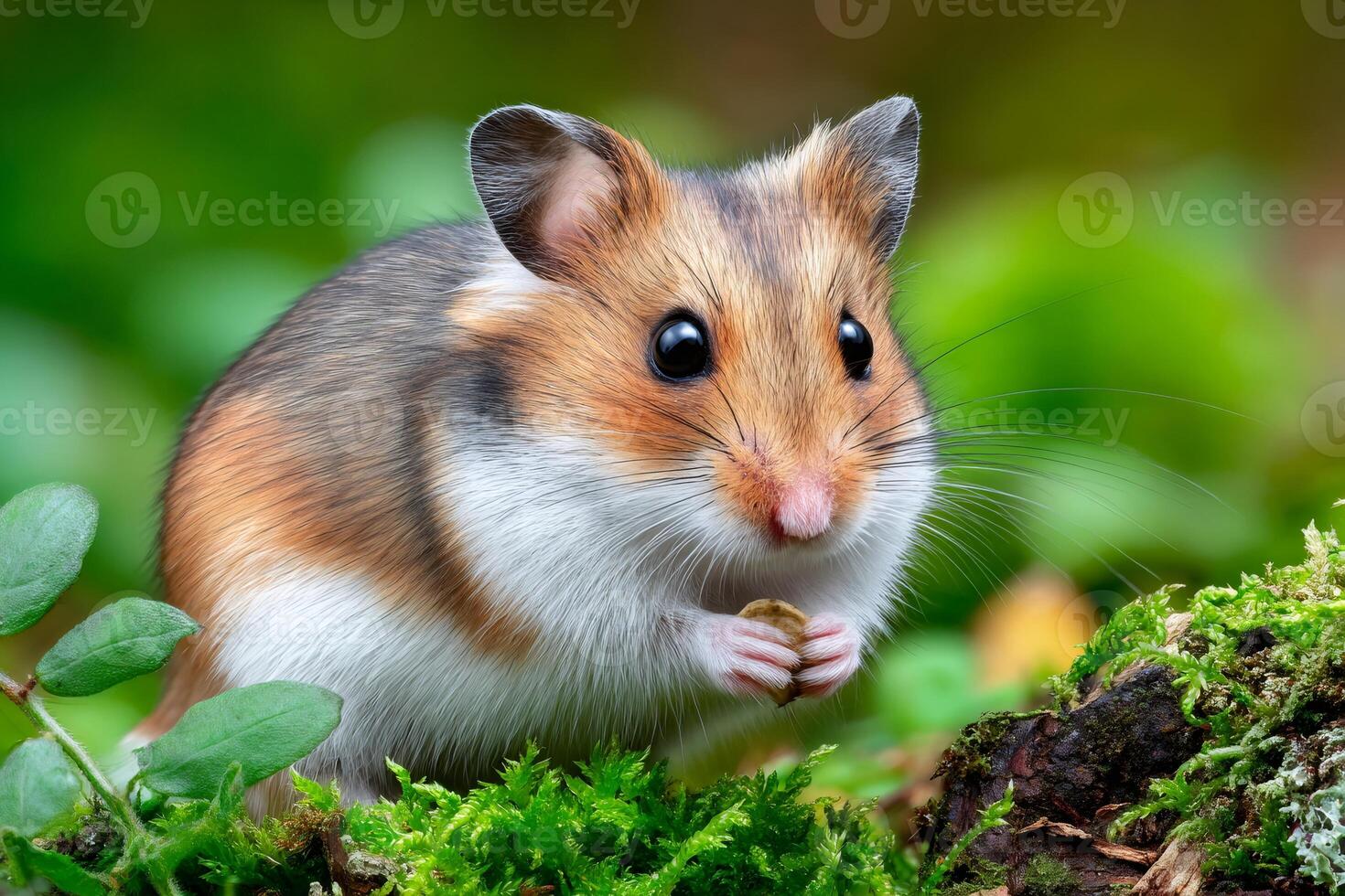 Common hamster eating seed on moss in natural environment photo