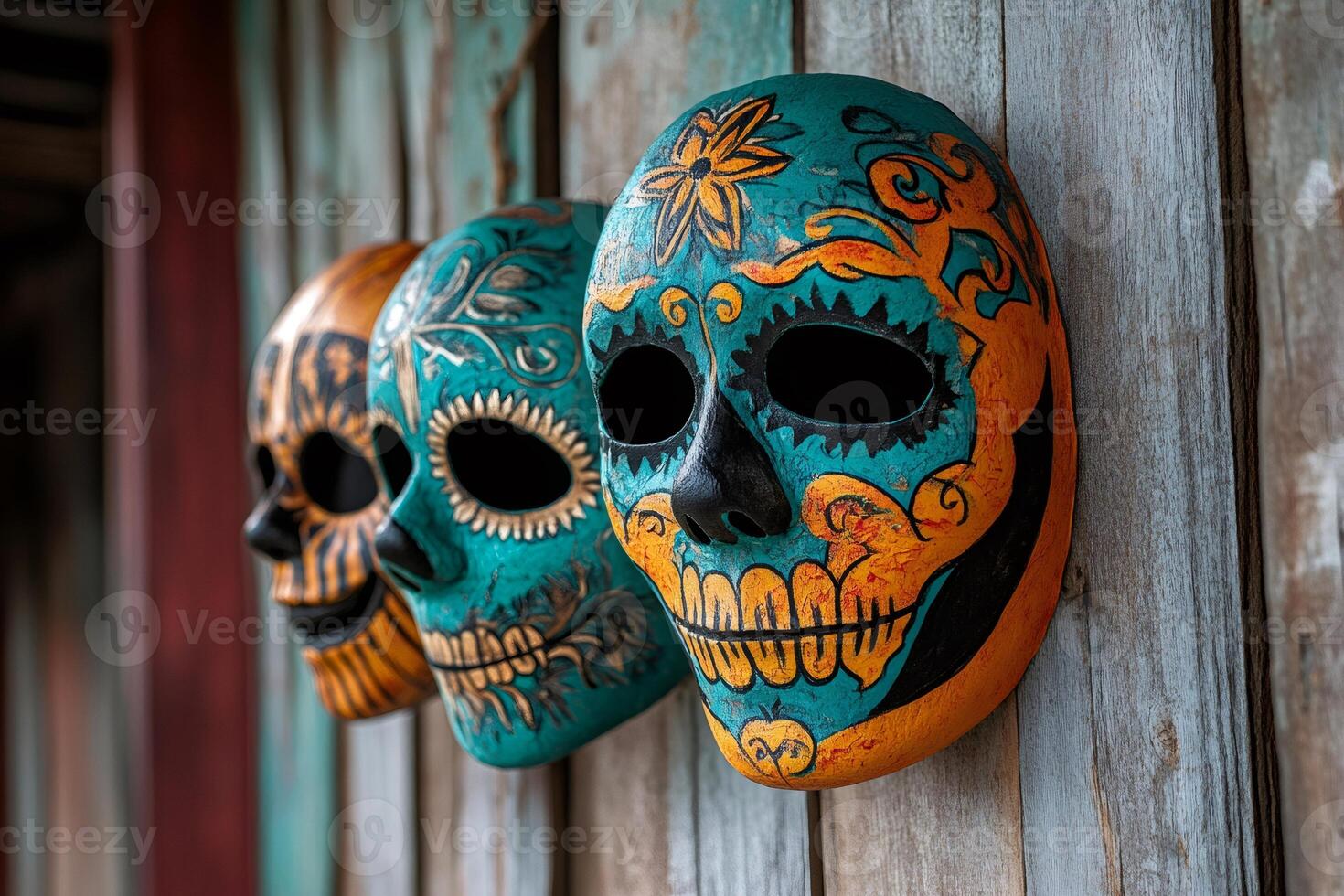 Three colorful catrina masks hanging on a rustic wooden wall photo