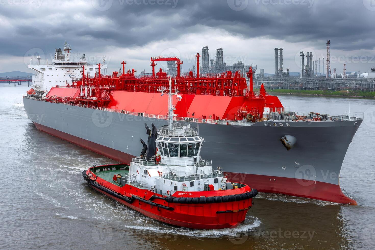 Tugboat escorting lng tanker near refinery under stormy sky photo