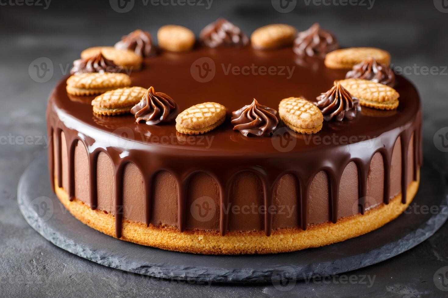 Delicious chocolate cake dripping with ganache and decorated with cookies and chocolate cream photo