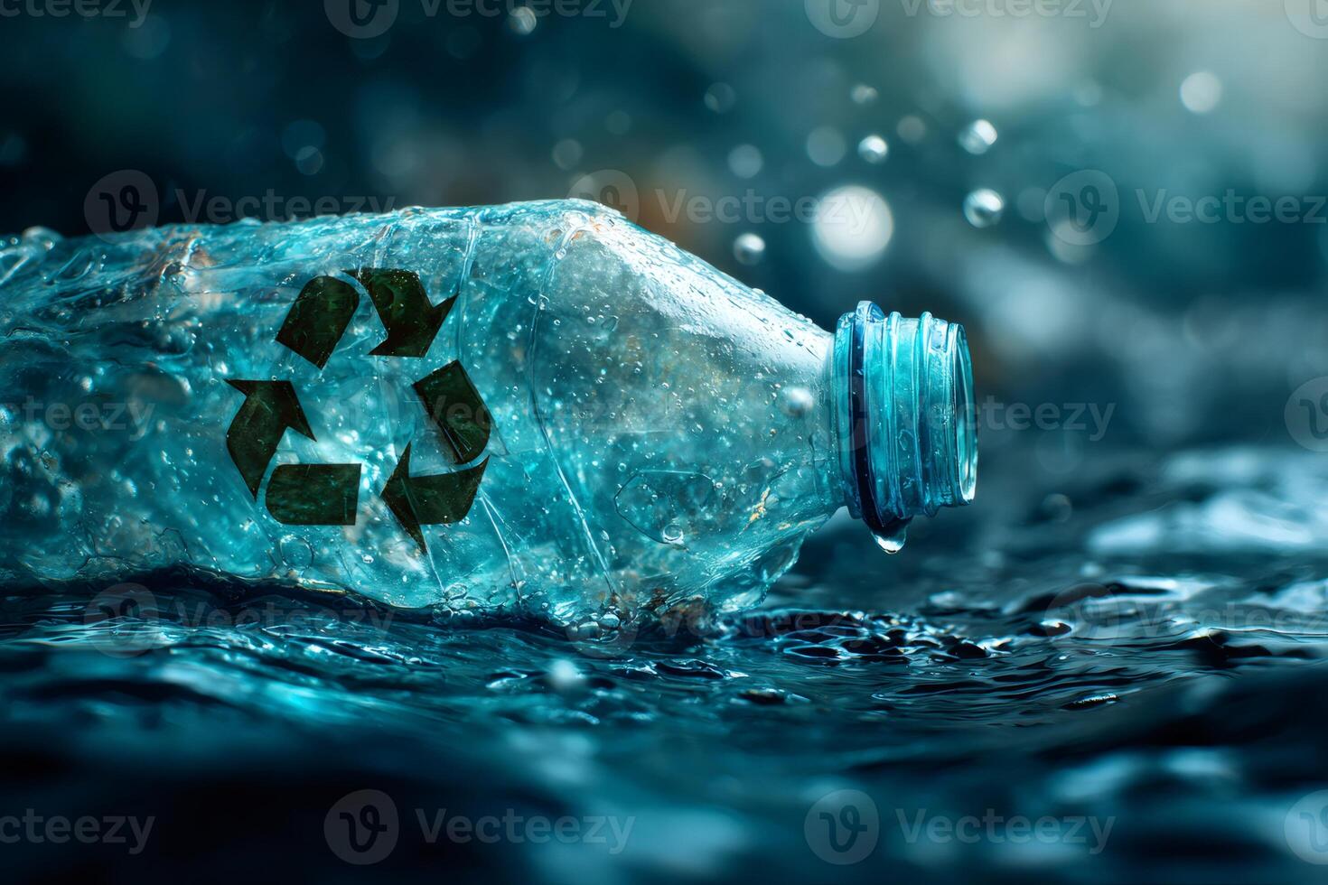 Plastic bottle floating in water showing recycling symbol promoting environmental awareness photo