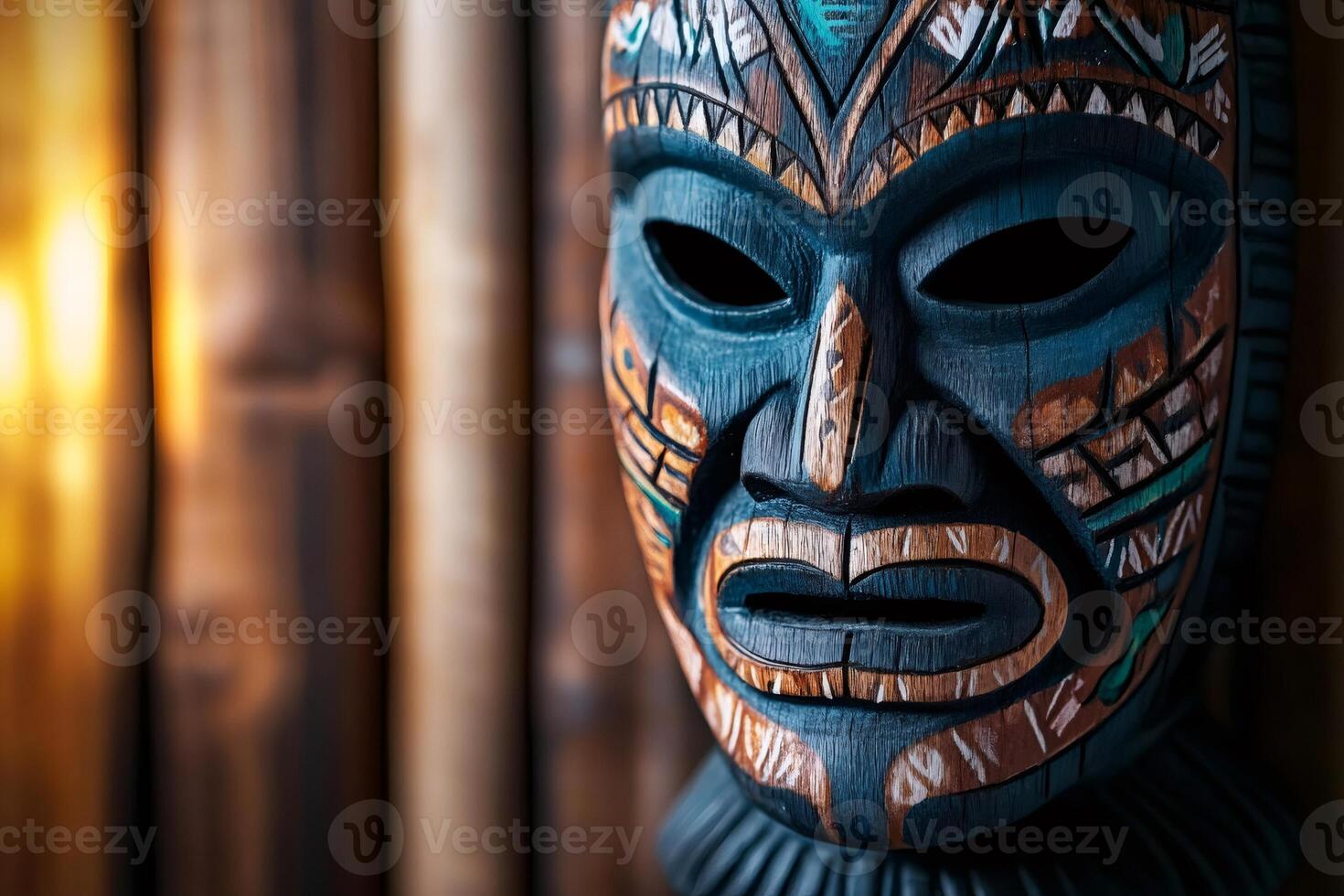 Traditional tiki mask representing polynesian culture with bamboo background photo