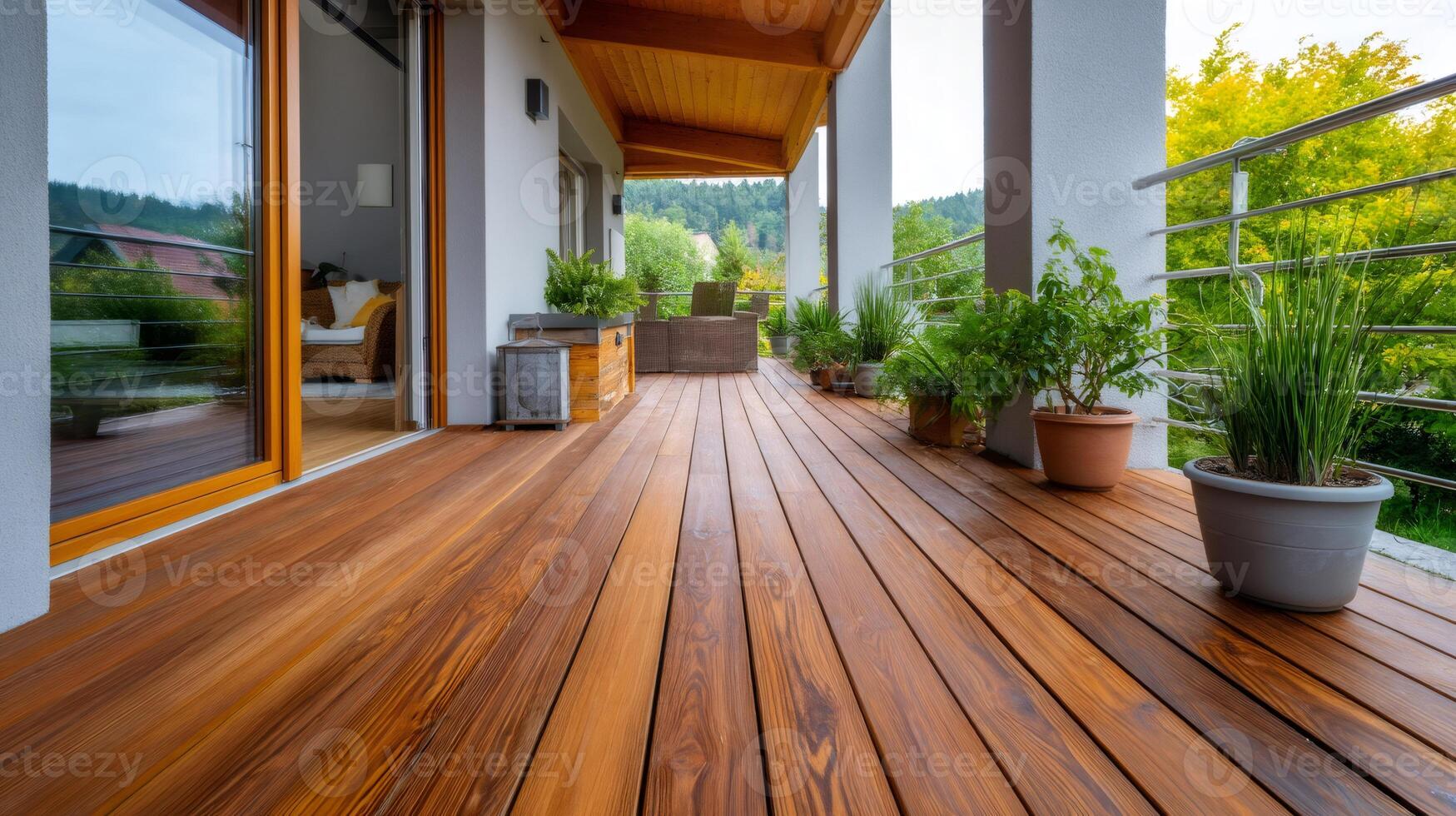 Wooden patio floor leading to modern living room with potted plants photo