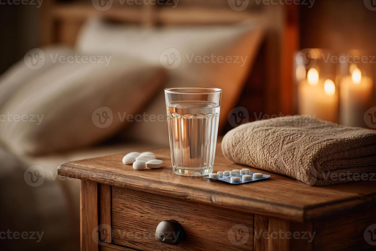 Glass of water and pills resting on wooden nightstand in cozy bedroom photo