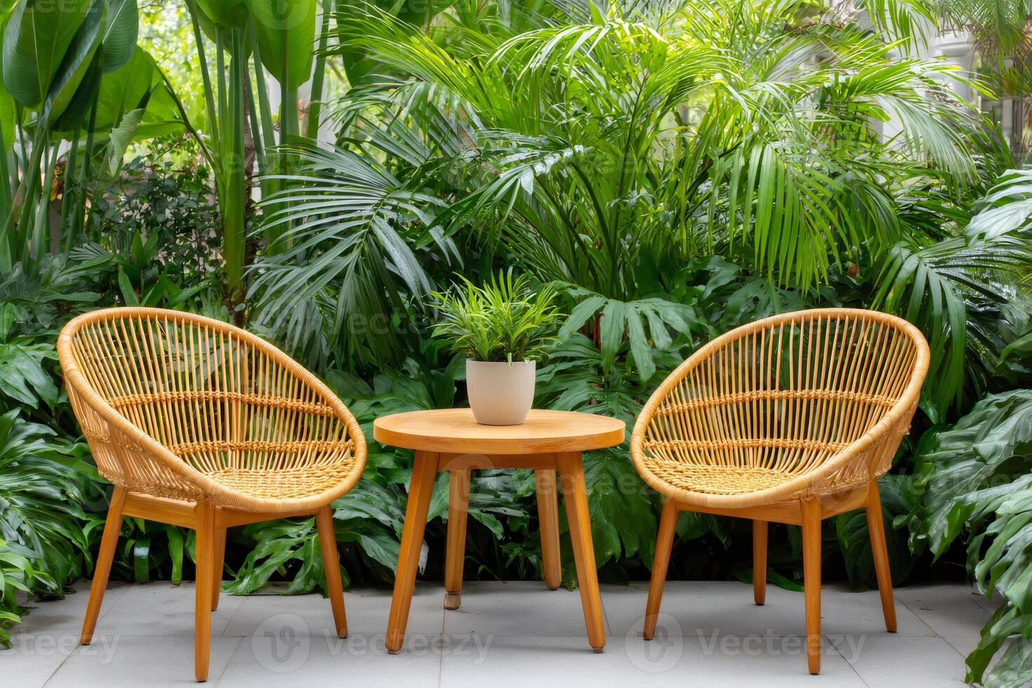 Rattan chairs and table creating relaxing tropical garden nook photo