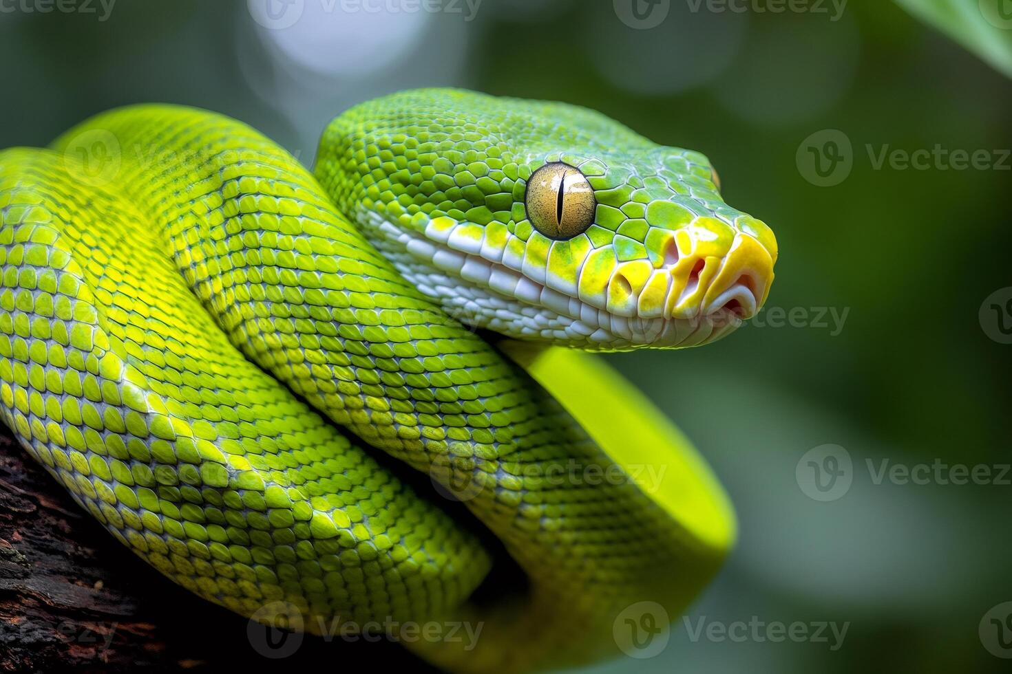 Green tree python resting on a branch, showing its scales and eye photo