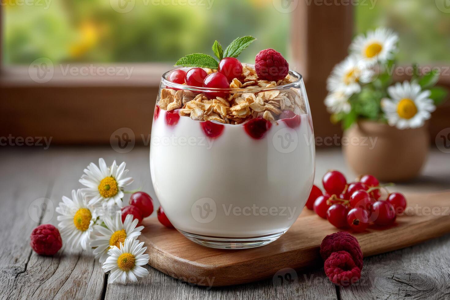 Yogurt parfait with granola, berries, and mint enjoying the morning light photo