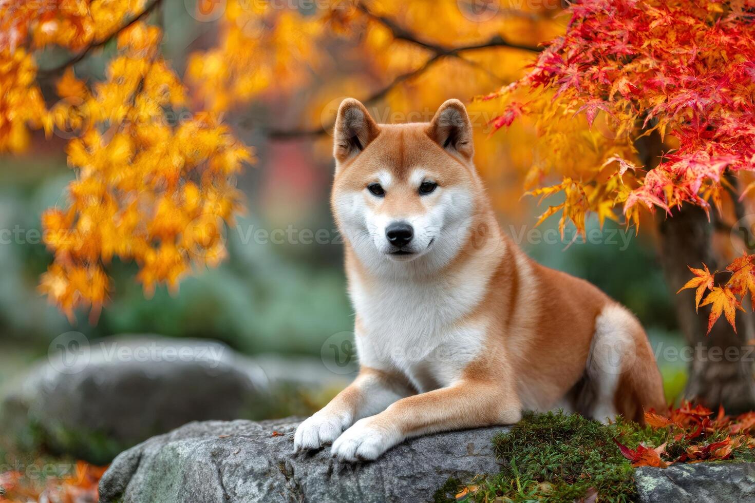 Shiba inu dog relaxing on rock in autumn leaves photo