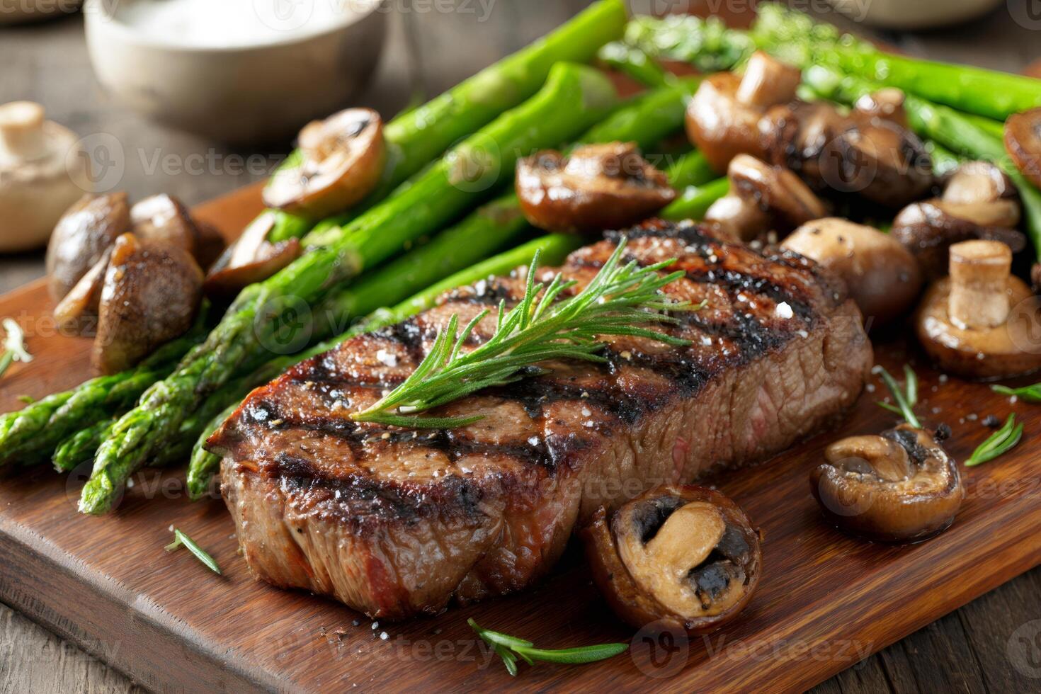 Grilled steak with mushrooms and asparagus on cutting board photo
