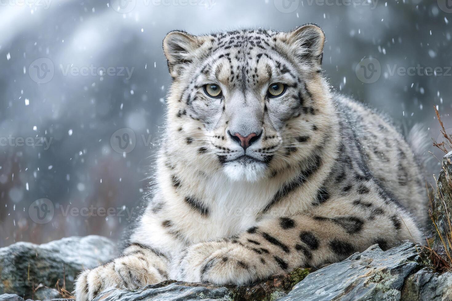 Snow leopard resting on rocks while snowing photo