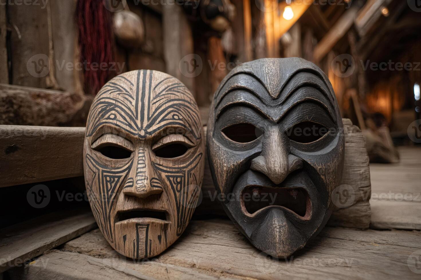Two traditional polynesian tribal masks resting on wooden surface photo
