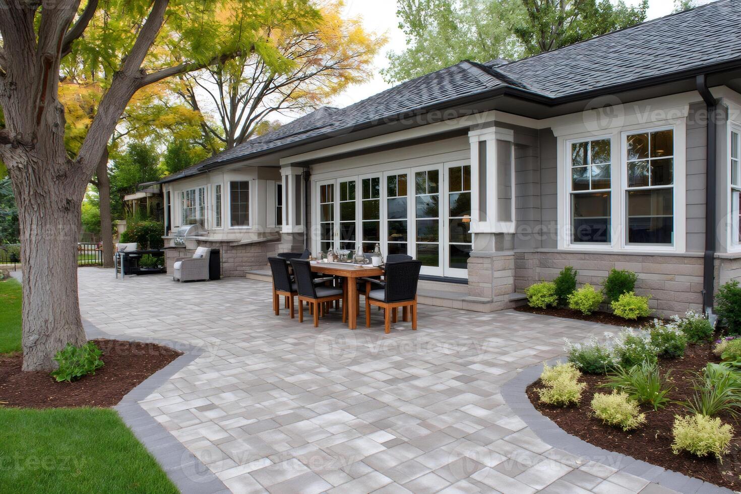 Elegant patio with outdoor dining area in backyard of suburban home photo