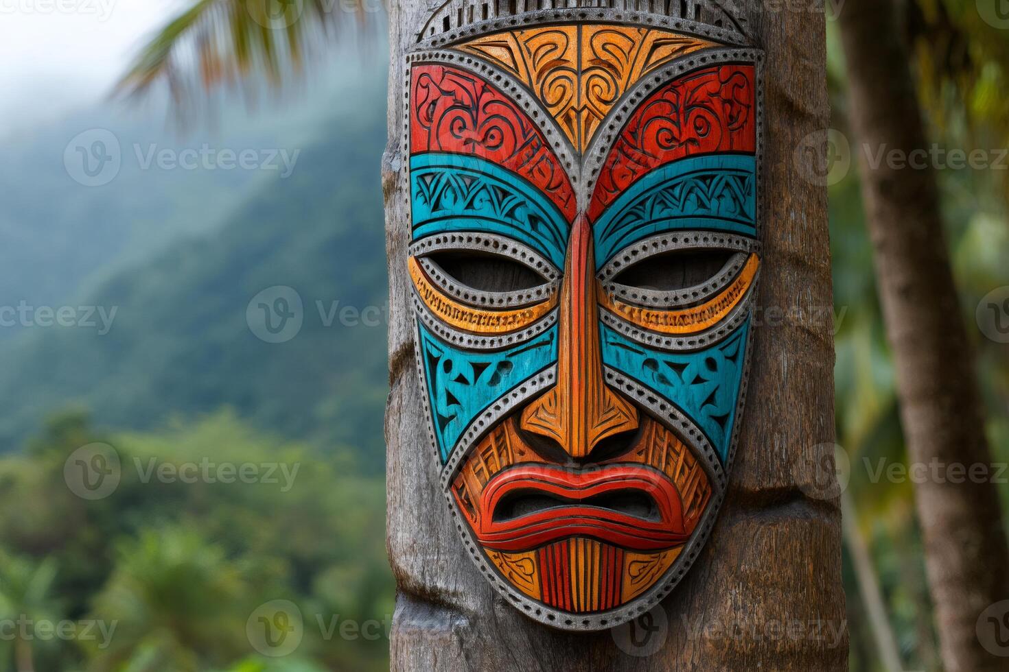 Colorful polynesian tiki mask hanging on a palm tree with tropical rainforest background photo